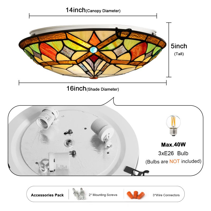 ARTZONE Tiffany Ceiling Lights, 3-Light 16 Inch Stained Glass Tiffany Flush Mount for Bedroom, Dining, Living Room, Entryway, Foyer - Image 5
